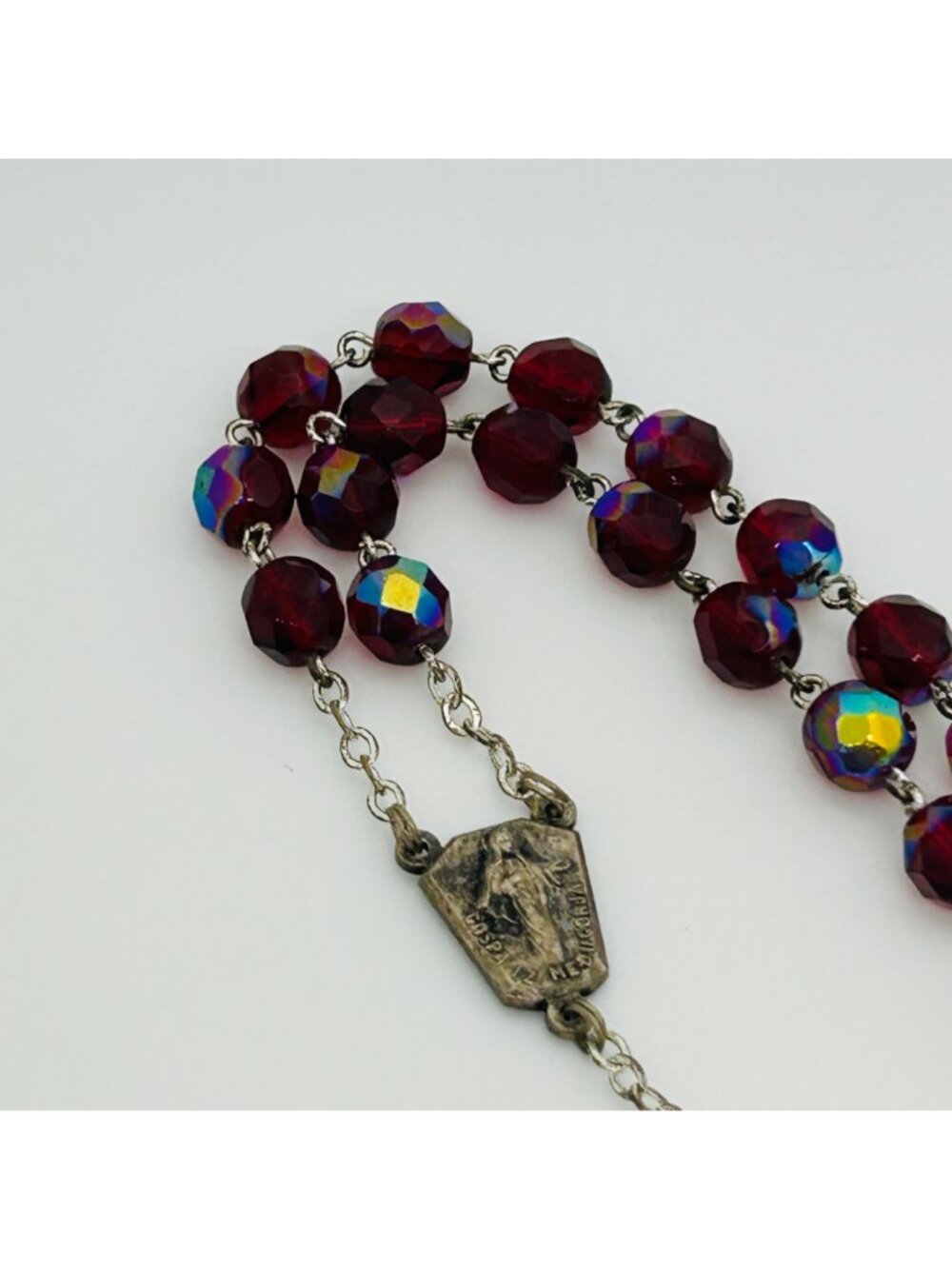 Catholic Prayer Rosary Necklace Silver Tone Red Aurora Borealis Glass Bead Vinta - Picture 7 of 16
